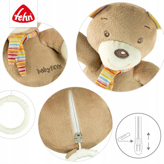 FEHN miś zawieszka PRZYTULANKA z POZYTYWKĄ 14 cm, beżowy miś dla niemowląt z uchwytem i pierścieniem