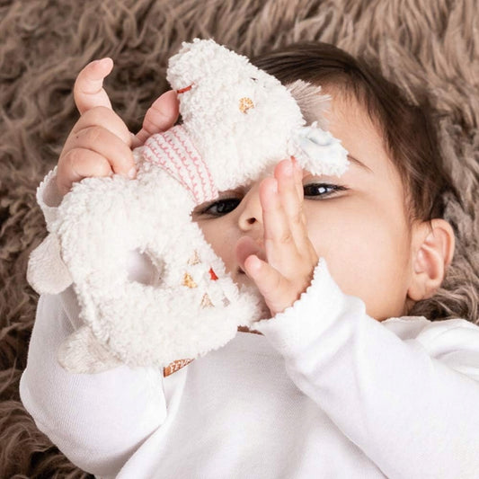 FEHN pluszowy chwytak z grzechotką LAMA 14 cm, miękka lama dla niemowląt z grzechotką