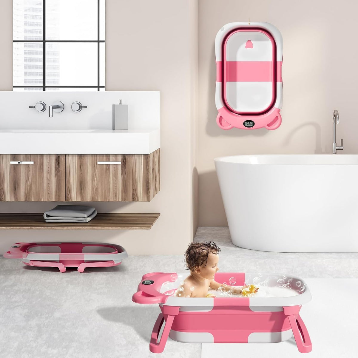 SUPERBE kompakt sammenklappeligt babybadekar + bamseindsats