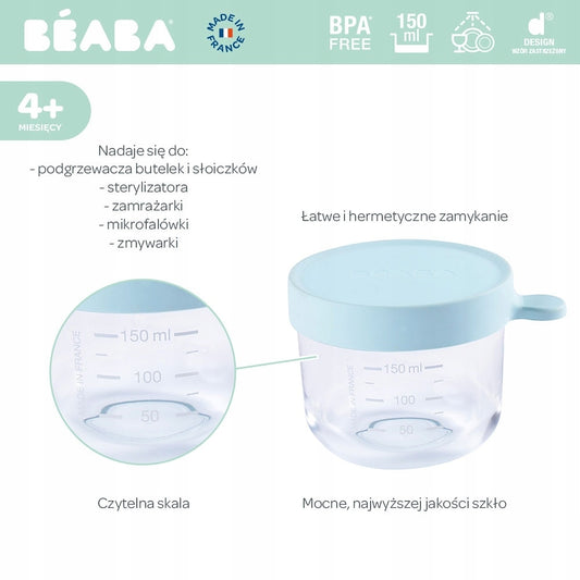 BEABA szklany pojemnik słoiczek 150 ml, BPA free, z hermetycznym zamknięciem i czytelną skalą