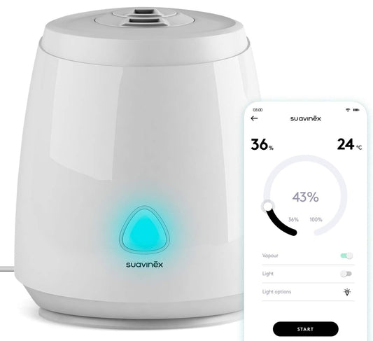 SUAVINEX Care nawilżacz ultradźwiękowy aplikacja biały z panelem sterowania w aplikacji mobilnej