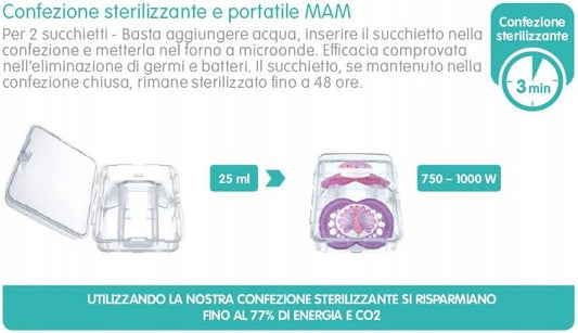MAM ORIGINAL NIGHT smoczek uspokajający x2 2-6m SILIKON, opakowanie sterylizujące MAM, 3 min, do mikrofalówki