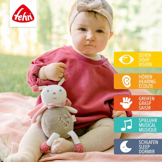 FEHN Garden Dreams zawieszka PSZCZOŁA z pozytywką, miękka zabawka sensoryczna dla niemowląt 0+