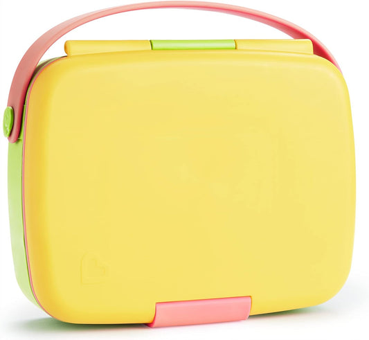 MUNCHKIN Bento Box śniadaniówka + sztućce, 5 komór, żółto-różowo-zielone pudełko z uchwytem