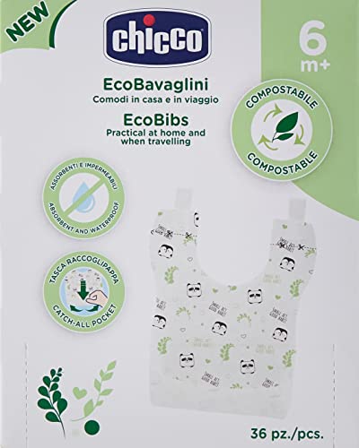Opakowanie śliniaków Chicco EcoBibs z oznaczeniami 6m+ i 36 sztuk.