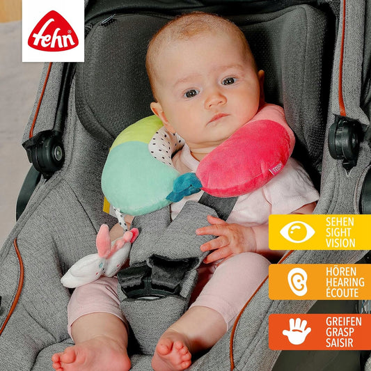 FEHN Aiko&Yuki poduszka zagłówek podróżny z grzechotką JEDNOROŻEC, ergonomiczny zagłówek dla dziecka do podróży