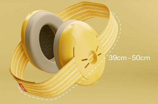 ALPINE Muffy Baby słuchawki ochronne dla dzieci 0-36 m 23db – żółto-szary wymiary jednej słuchawki 6,6 x 8,5 cm – zdjęcie 2