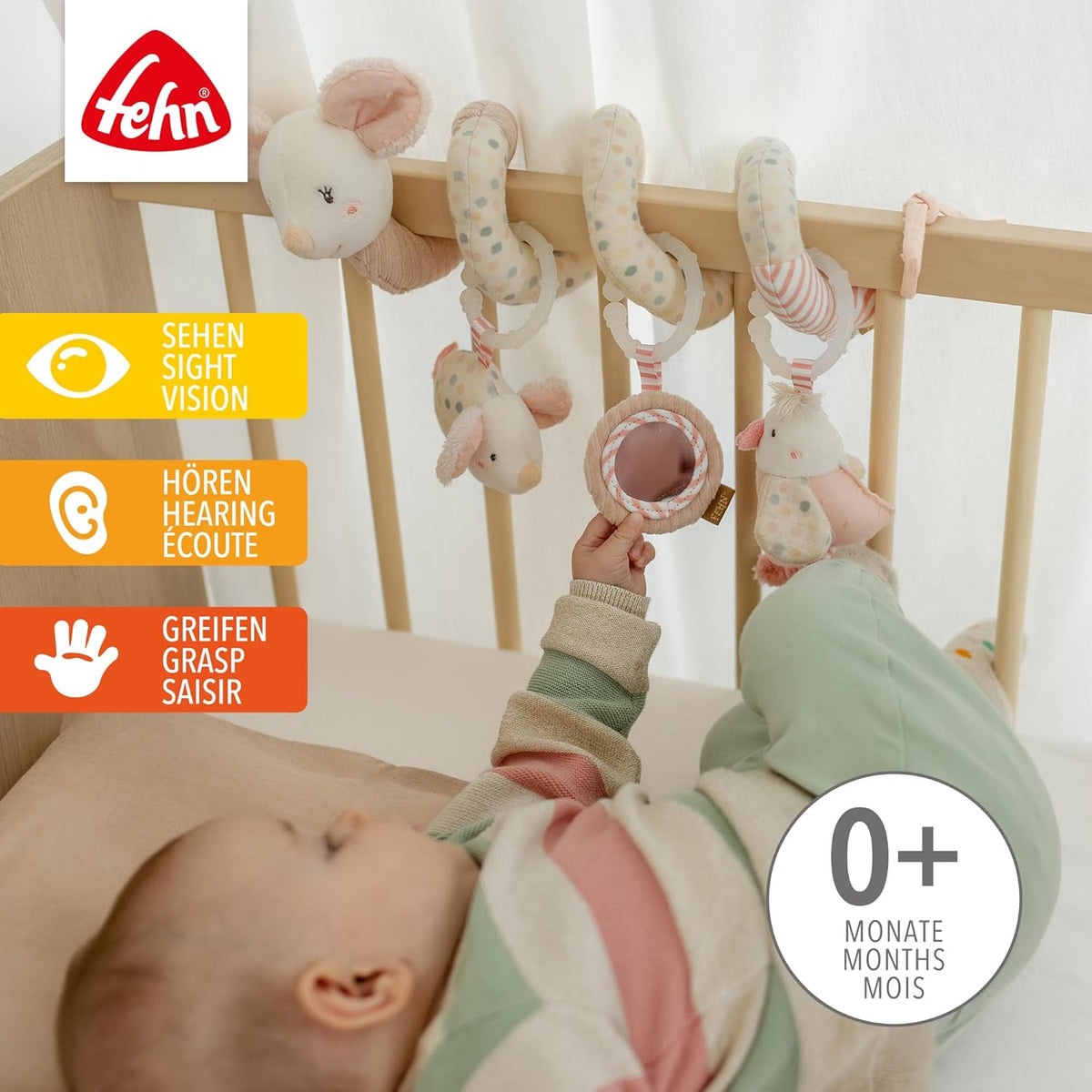 FEHN spiralophæng til barnevogn, tremmeseng og autostol MUS 35 cm med lysende broderi