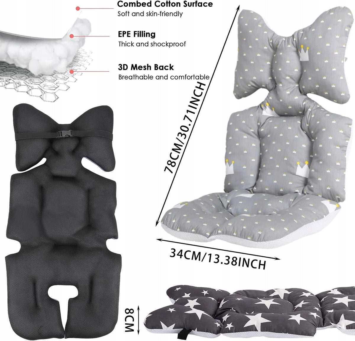 MIRACLE BABY wkładka oddychająca do wózka spacerowego, miękka bawełniana wkładka dla niemowląt z 3D mesh i EPE