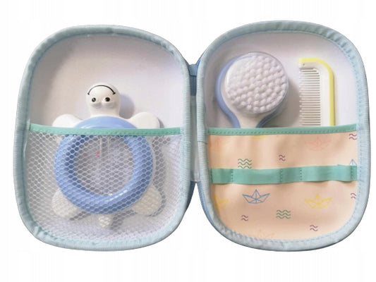 BEBE CONFORT Bath Time kosmetyczka + 3 elementy zestaw do pielęgnacji dziecka z etui, termometrem, szczotką i grzebieniem