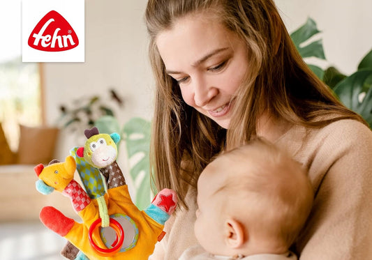 Fehn Safari pacynka sensoryczna z grzechotką, kolorowa zabawka dziecięca dla rozwoju wzroku, dotyku i słuchu