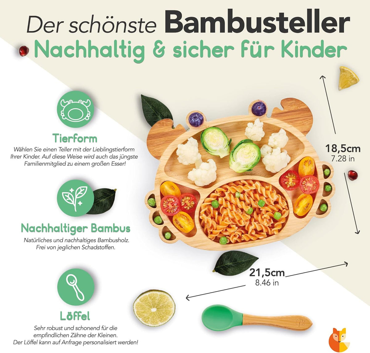 KLEINER FUCHS assiette en bambou avec ventouse + cuillère CRABE