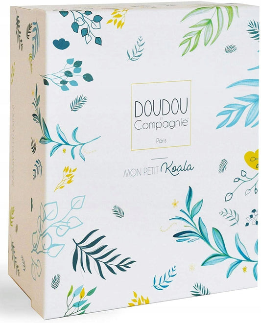 DOUDOU et COMPAGNIE koala z pozytywką 20 cm w ozdobnym pudełku, biało-turkusowa przytulanka dla niemowląt