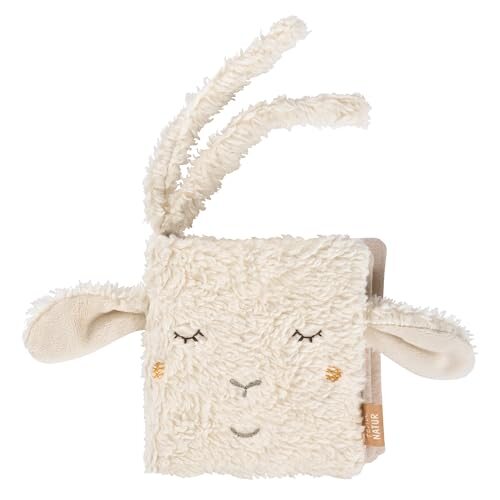 Pluszowa książeczka FEHN Schaf w kształcie jasnej owieczki, z uszami, haftowaną buzią i dwiema tasiemkami.