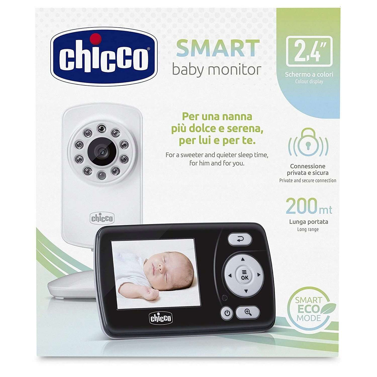 CHICCO Smart niania elektroniczna 2,4" FHSS, kamera i odbiornik z ekranem LCD, tryb Eco Mode