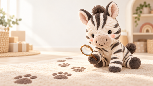 Zibi from BabyPaka examines soft tracks leading across the room with a magnifying glass