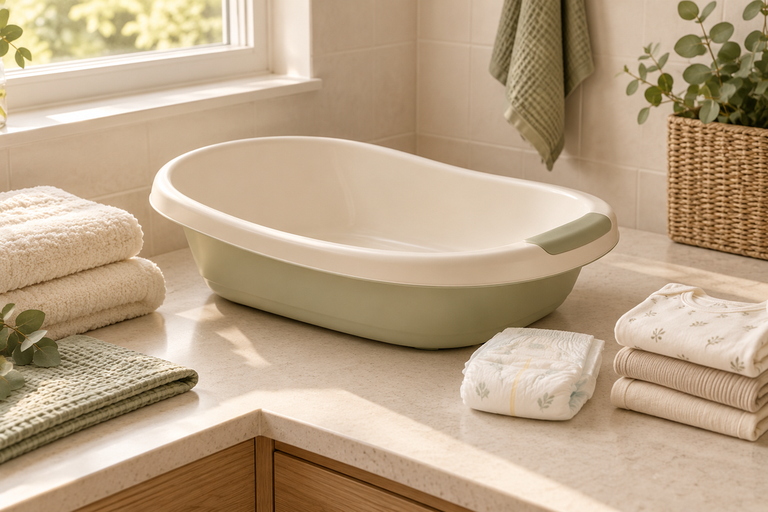A clean, dry baby bath, soft towels, nappies and clothing prepared for newborn care.