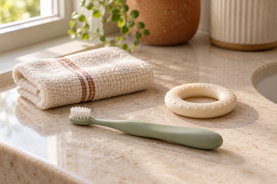 A small soft-bristled toothbrush, a simple silicone teether and a clean cotton cloth on a light-coloured surface.