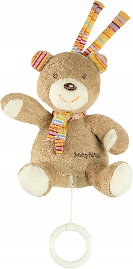 FEHN miś zawieszka PRZYTULANKA z POZYTYWKĄ 14 cm, beżowy miś z kolorową zawieszką i kółkiem do łóżeczka