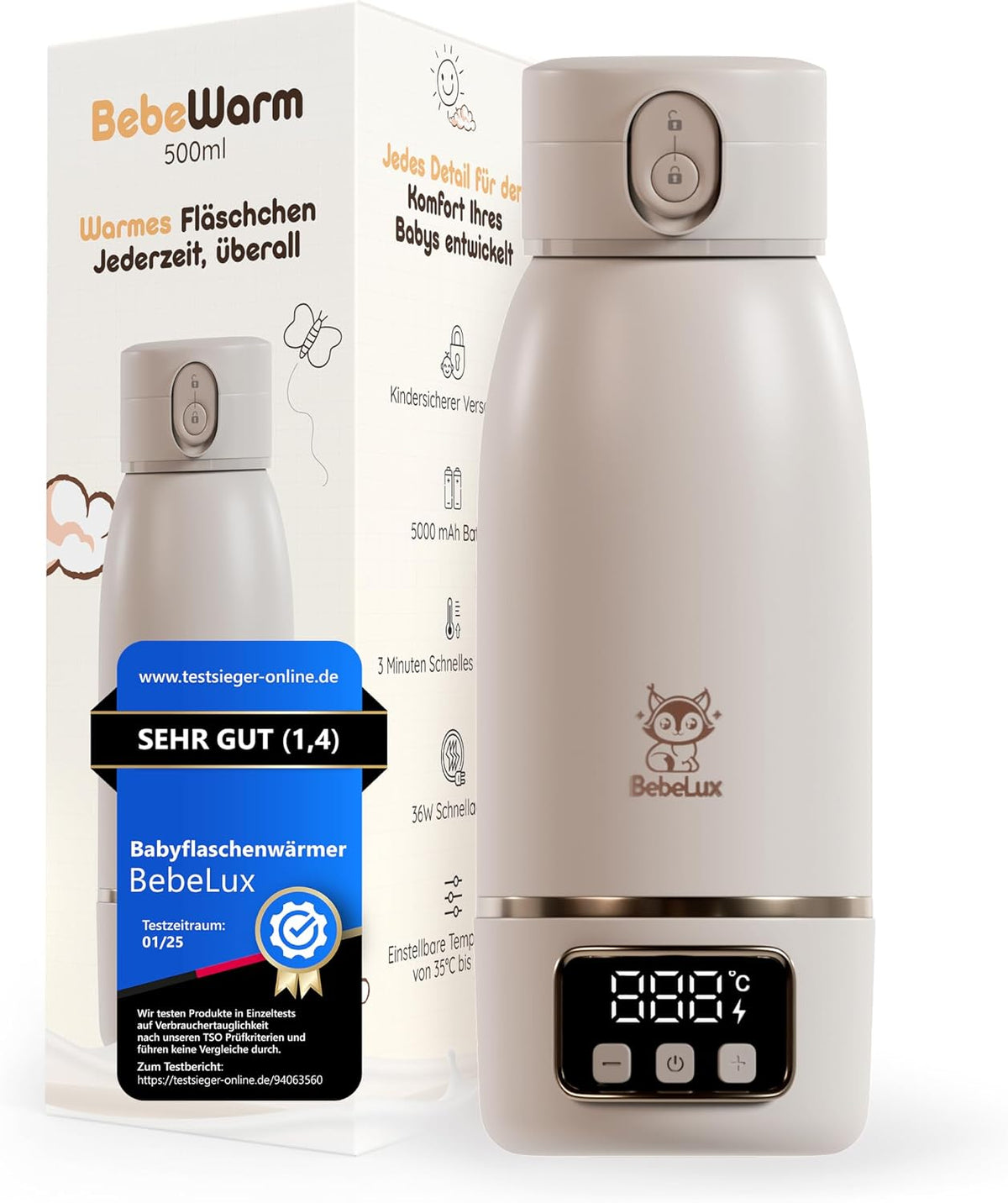 BEBELUX BebeWarm REJSE-flaskevarmer USB 3'