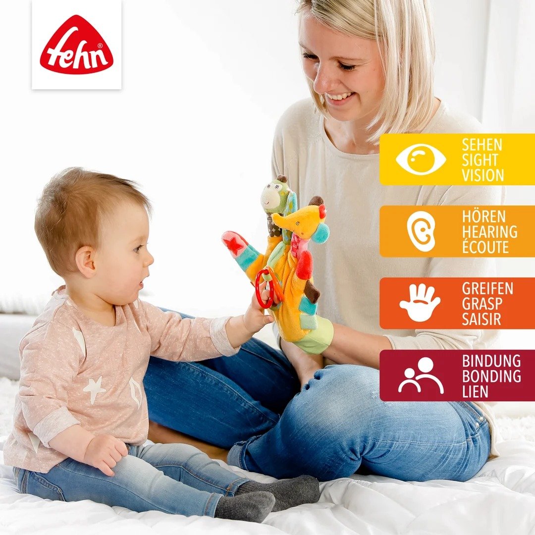 Fehn Safari pacynka sensoryczna z grzechotką, wielokolorowa zabawka dziecięca rozwijająca wzrok, dotyk i słuch
