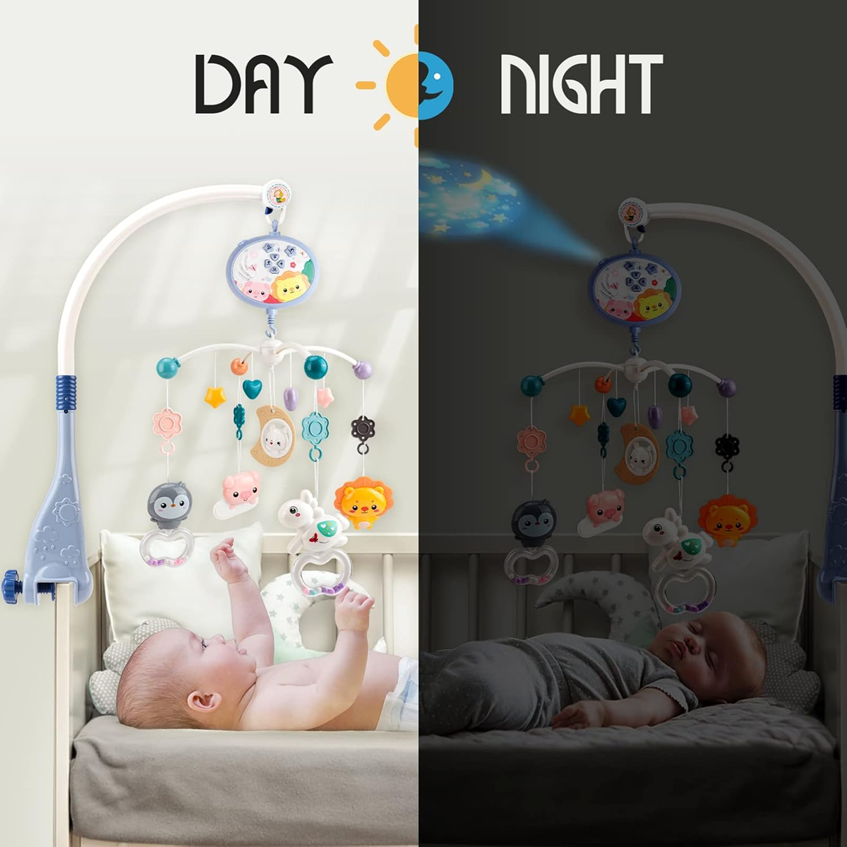 AMY & BENTON uro med spilledåse og projektor til tremmeseng + fjernbetjening