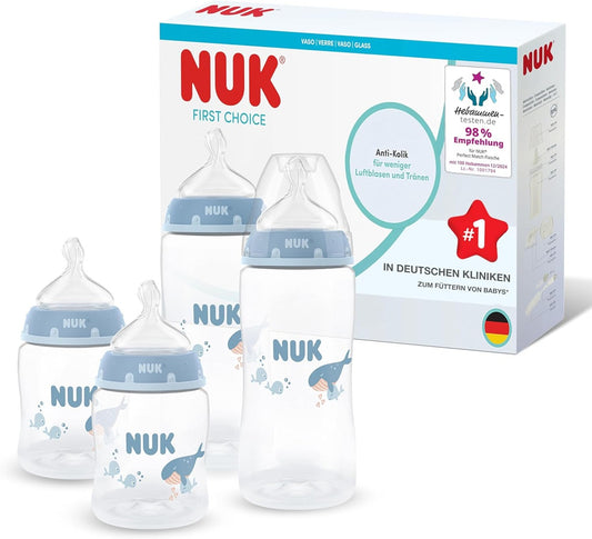 NUK First Choice juego de 4 biberones de 150/300 ml con tetinas S/M, 0-3 meses o más, BALLENA