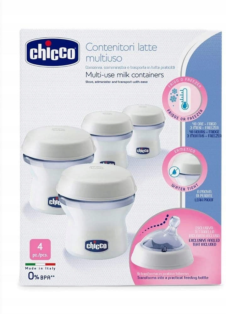 CHICCO récipients à lait 4 x 150 ml + tétine avec couvercle