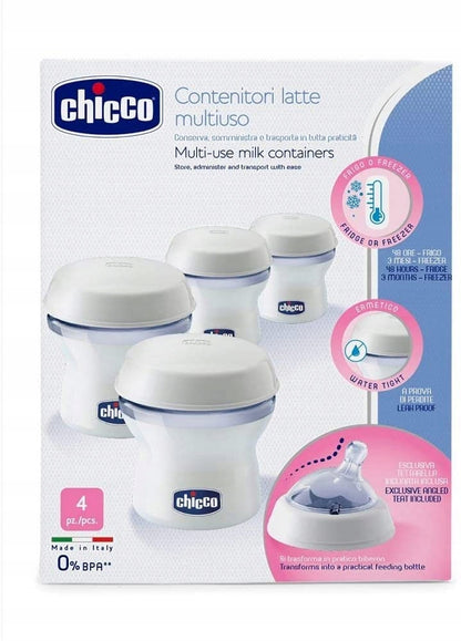 CHICCO récipients à lait 4 x 150 ml + tétine avec couvercle