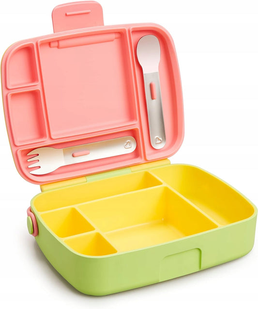 MUNCHKIN Bento Box śniadaniówka + sztućce, 5 komór, różowo-zielono-żółta z 5 przegródkami i sztućcami