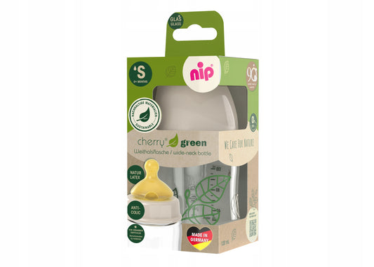 NIP Cherry Green biberon din sticlă 120 ml 0+ tetină latex S