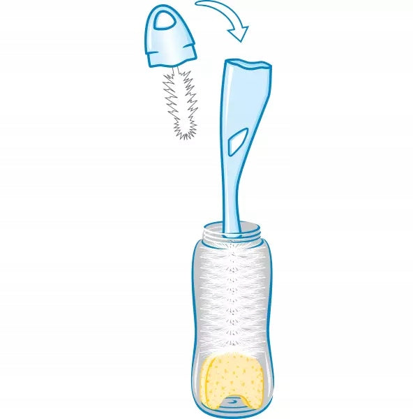 NUK 2w1 szczotka do czyszczenia smoczków butelek i smoczków 28 cm, biało-niebiesko-żółta, BPA free