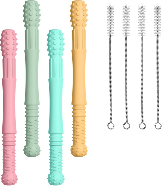 VICLOON Silikon-Beißring mit Massagefunktion 4 Stück + 4 Reinigungsbürsten 17 cm