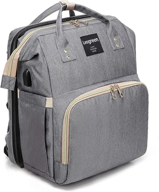 LEOGREEN plecak na pieluszki i akcesoria + przewijak, szary plecak dla mam z dużą pojemnością i kieszeniami