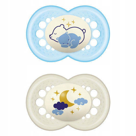MAM ORIGINAL NIGHT smoczek uspokajający x2 16m+ z nadrukiem misia i księżyca, niebieski i beżowy