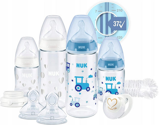 NUK zestaw startowy Perfect Start anti-colic KONTROLA TEMPERATURY – butelki, smoczki, szczotka i smoczek uspokajający