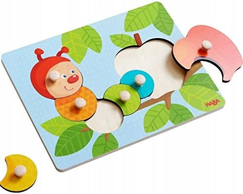 HABA Gąsienica Mina puzzle 6 elementów 12 m+ drewn. drewniane puzzle dla dzieci z uchwytami, wielokolorowe