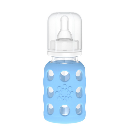 LifeFactory szklana butelka z etui 120 ml 3 m+ smoczek 1