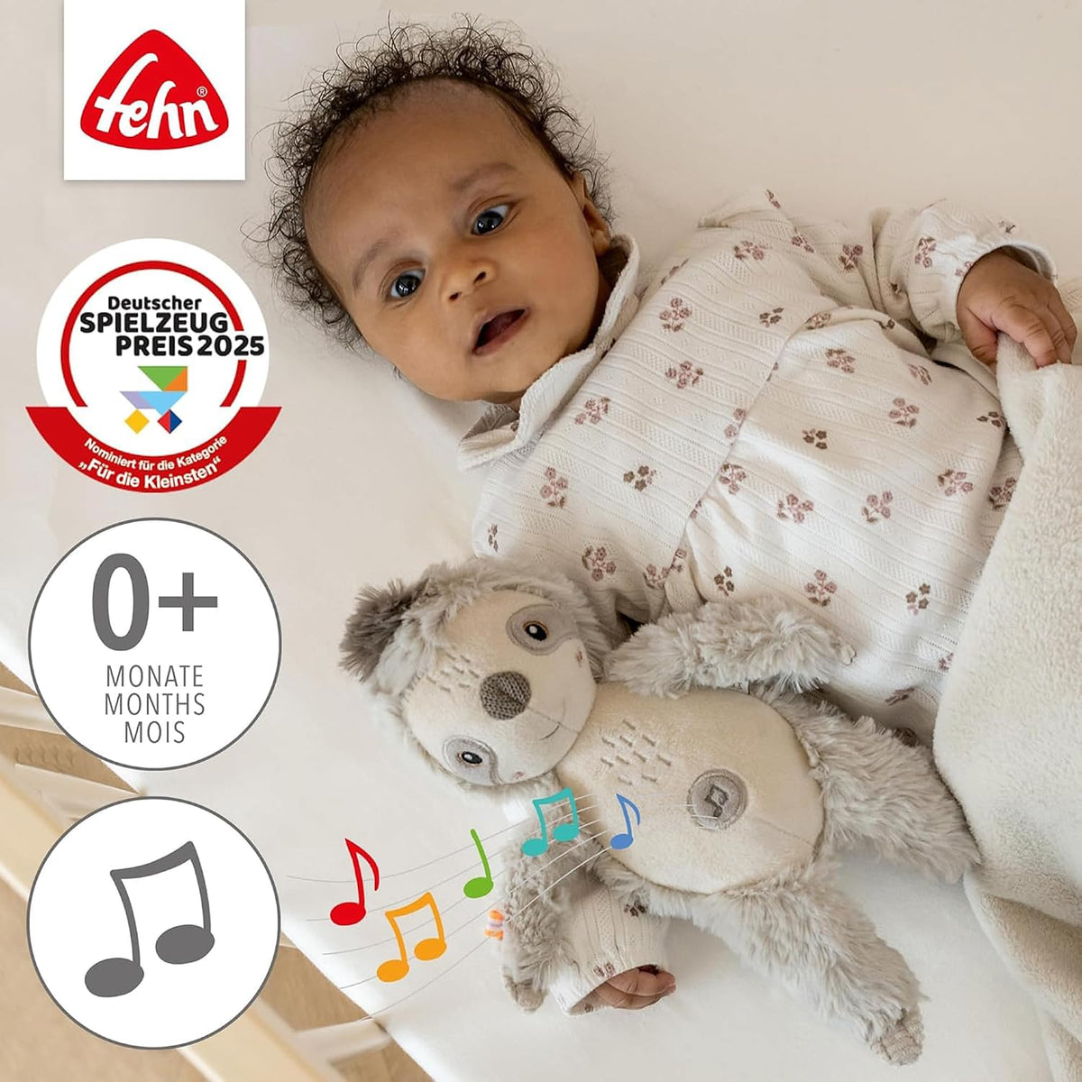 FEHN Leniwiec przytulanka z Cry Sensorem 19cm, miękka przytulanka dla niemowląt 0+ z melodiam i dźwiękami natury