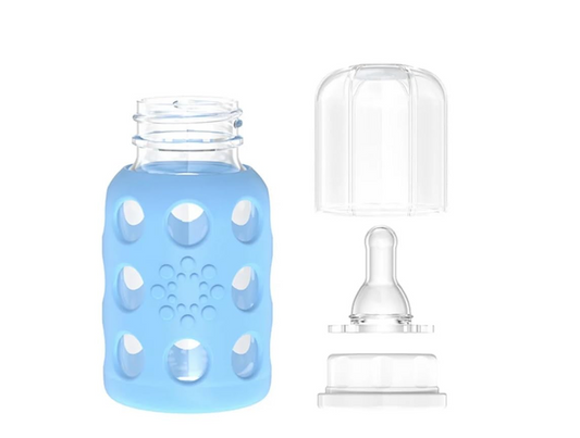 LifeFactory sticlă din sticlă cu husă 120 ml 3 m+ tetină 1