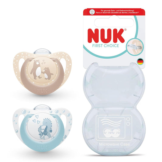 NUK First Choice smoczek uspokajający silikonowy x2 0-6m z etui, misia i konika morskiego
