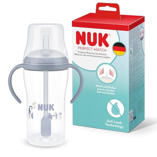 NUK Perfect Match kubek treningowy 260 ml od 8 mies. niebieski, niekapek ze słomką i uchwytami