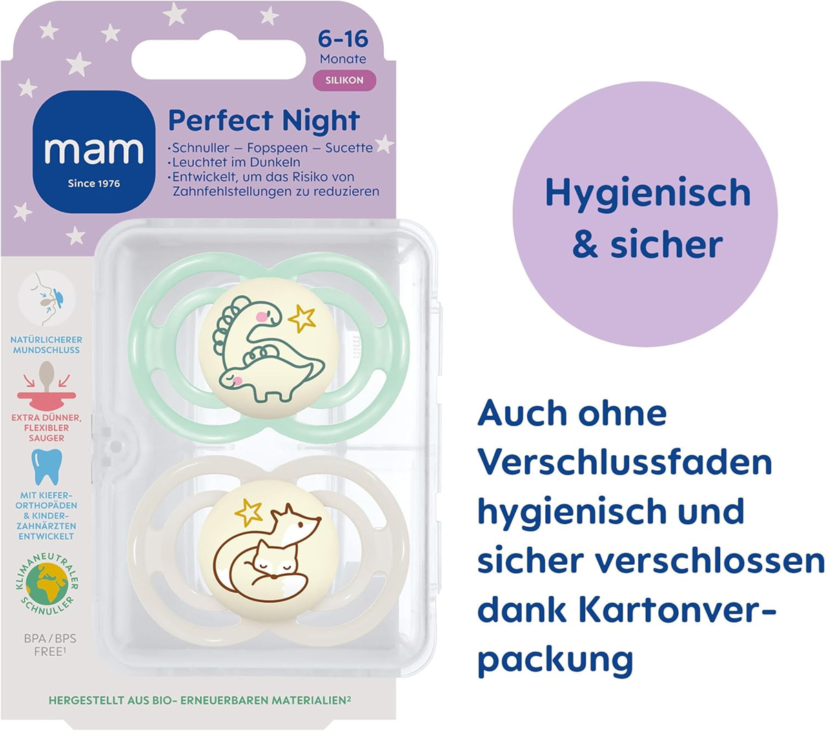 MAM Perfect Night nyugtató cumi, 2 db, 6–16 hónap + doboz SÖTÉTBEN VILÁGÍT