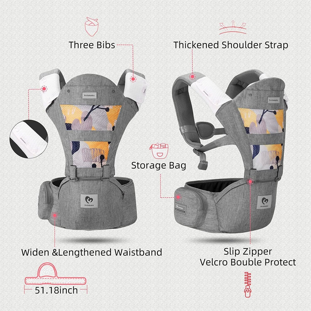 BELLABABY porte-bébé ergonomique avec ceinture abdominale 3-en-1 0-36 mois