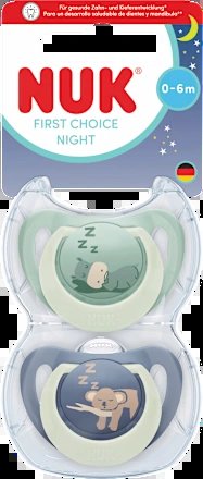NUK First Choice Night smoczki uspokajające 0-6 mies. ortodontyczne smoczki nocne dla niemowląt, ułatwiające odnalezienie w nocy