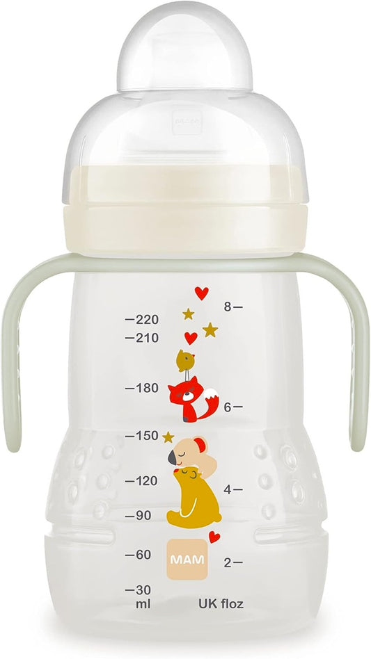 MAM Trainer Night kubek niekapek 2 ustniki i święcące uchwyty 220 ml 4 m+