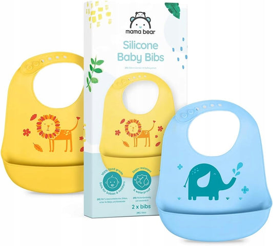 MAMA BEAR śliniaki silikonowe z kieszonkami x2, zestaw 2 szt. dla dzieci 0-36 mies.