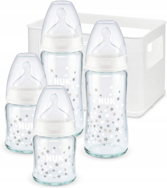 NUK First Choice+ σετ εκκίνησης 4 ΓΥΑΛΙΝΑ μπουκάλια + καλάθι οργάνωσης 0-6 μηνών