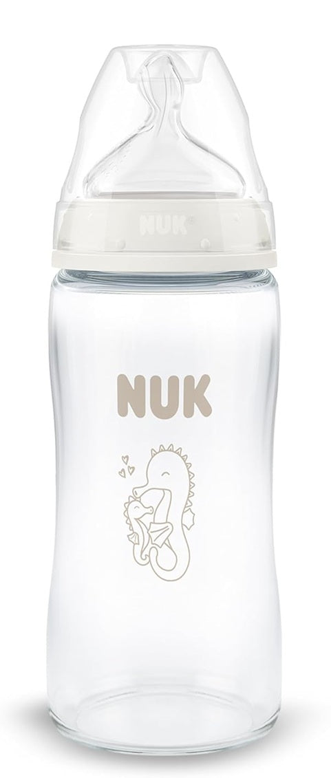 NUK First Choice butelka szklana 240 ml smoczek M 3 m+ KONIK MORSKI, antykolkowa, BPA free