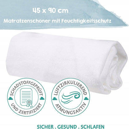 Zwinięty biały ochraniacz na materac ROBA na grafice z oznaczeniem rozmiaru 45 × 90 cm.